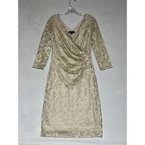 Lauren Ralph Lauren Lace Sheath Dress Size 6 Soft Gold Cocktail Ruched V Neck